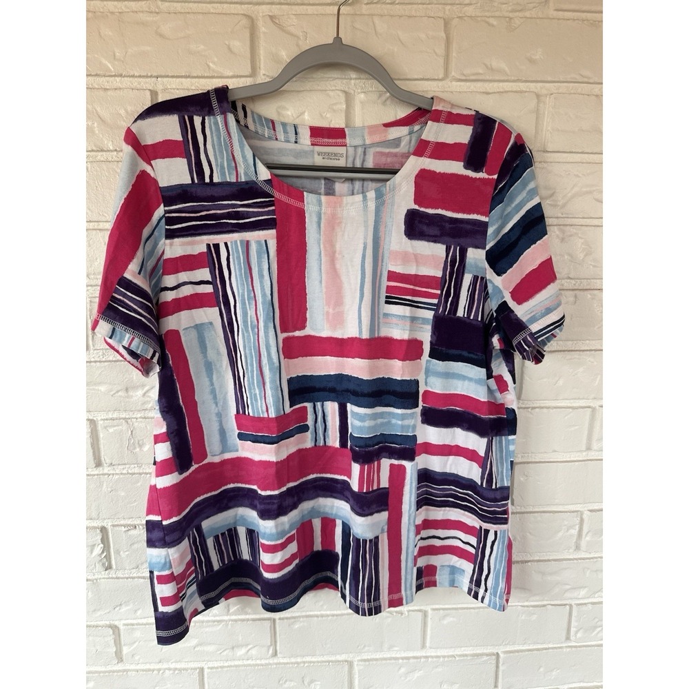 Weekends by Chico's Colorful Abstract Stripe Tee Womens Size 2 Artsy Modern - Picture 6 of 10